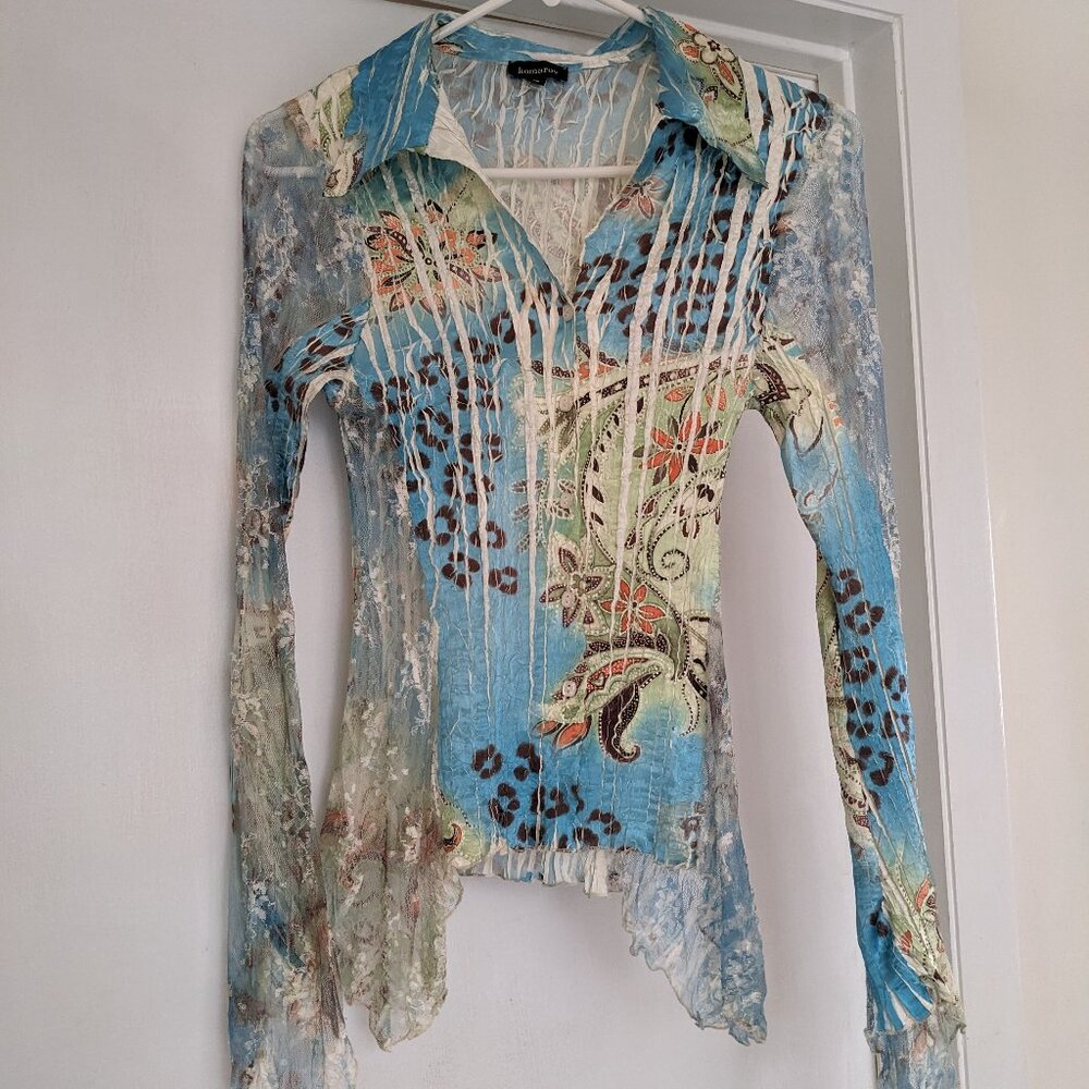 Multi colored dressy blouse by Komarov with lace panels on sides and sleeves